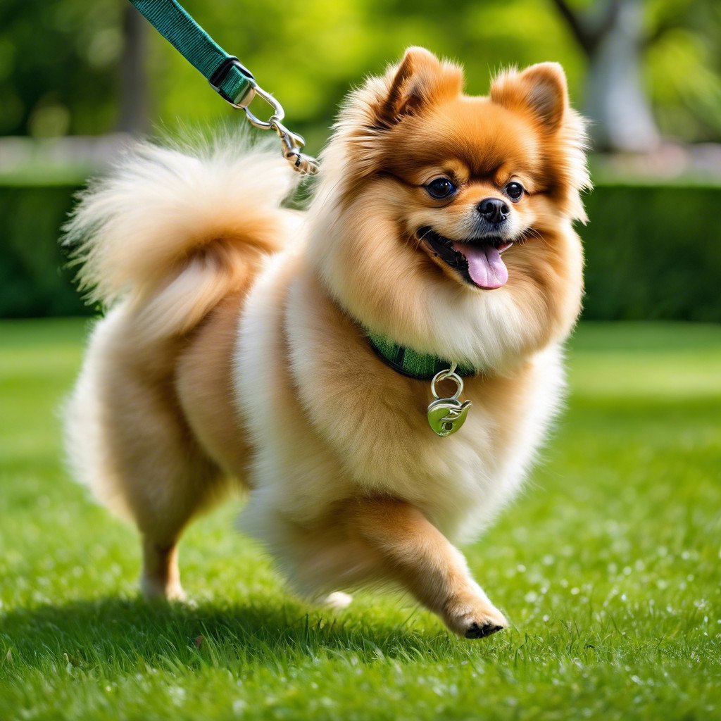 a-joyful-pomeranian-dog-walking-on-a-leash-in-a-park