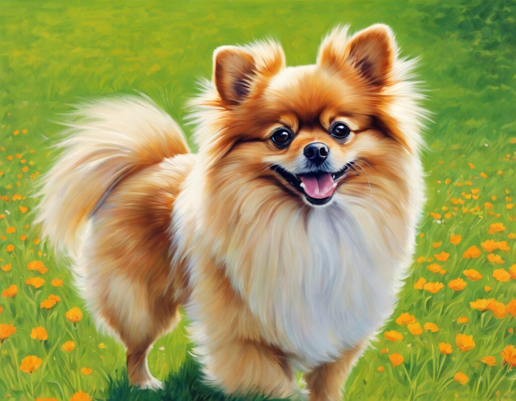 a-pomeranian-sitting-on-a-field-of-flower