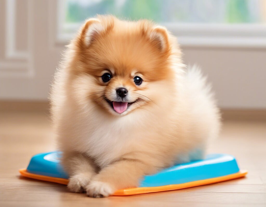 a-pomeranian-sitting-on-blue-mat