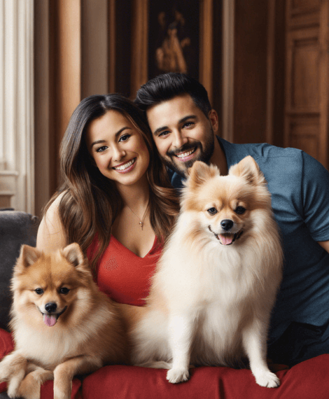 two-pomeranian-dogs-sitting-on-a-couch-with-a-couple