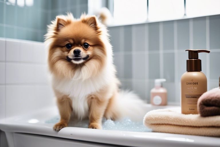 a-pomeranian-sitting-in-a-bathtub-with-a-bottle-of-shampoo-ready-for-a-bath