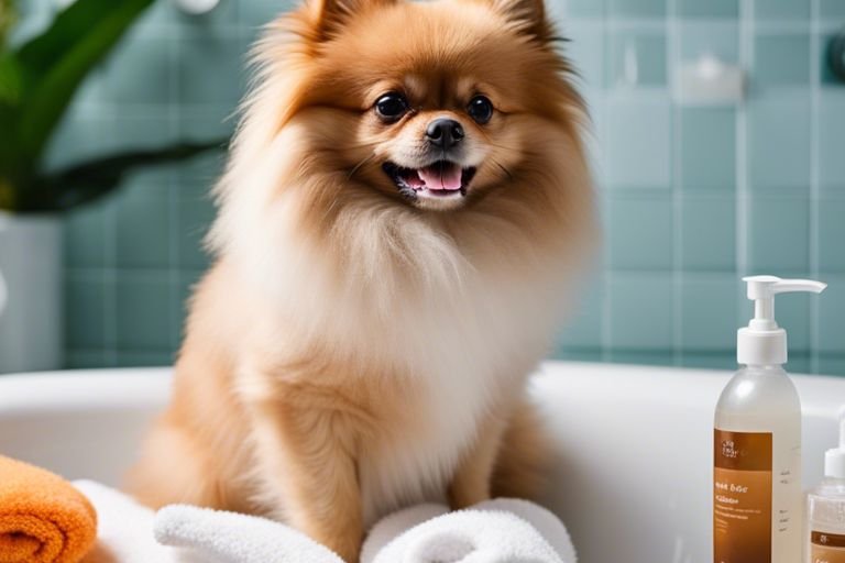 a-pomeranian-sitting-in-the-sink-surrounded-by-shampoo