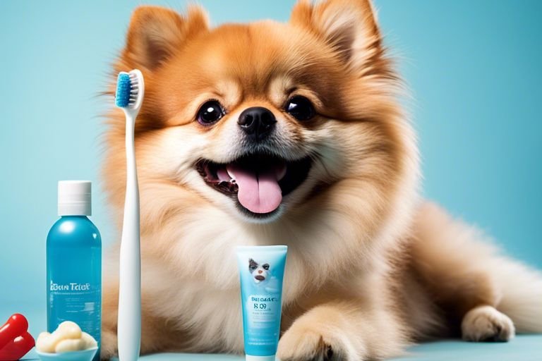 a-pomeranian-sitting-beside-a-toothbrush-and-toothpaste