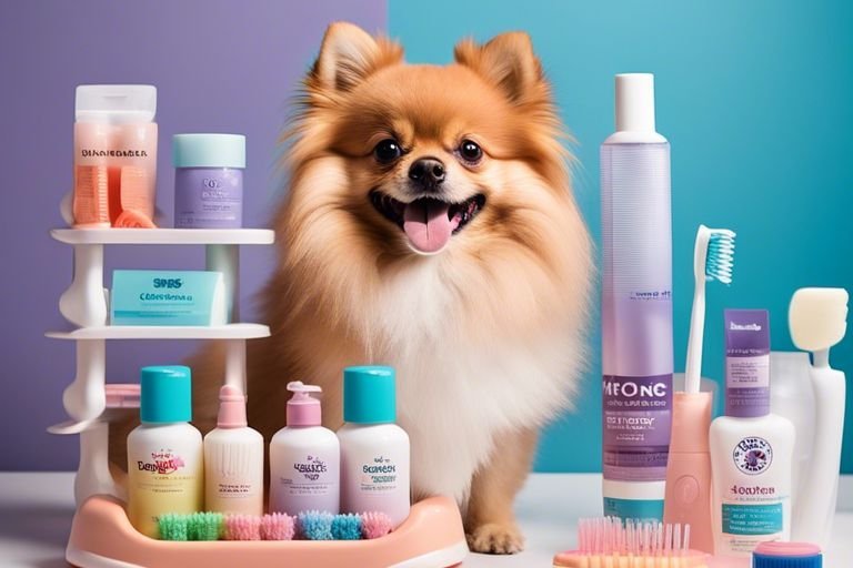 a-pomeranian-stands-beside-a-display-of-grooming-products-showcasing-various-tools-and-supplies-for-pet-care