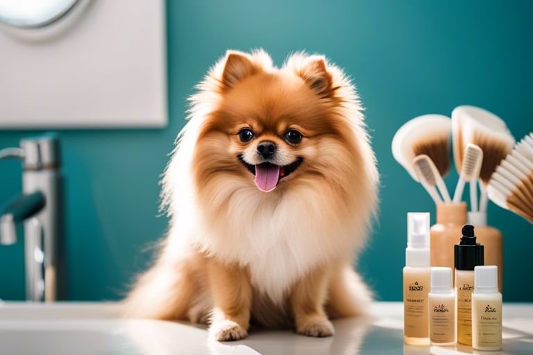 a-pomeranian-sitting-and-surrounded-by-shampoo-and-other-products